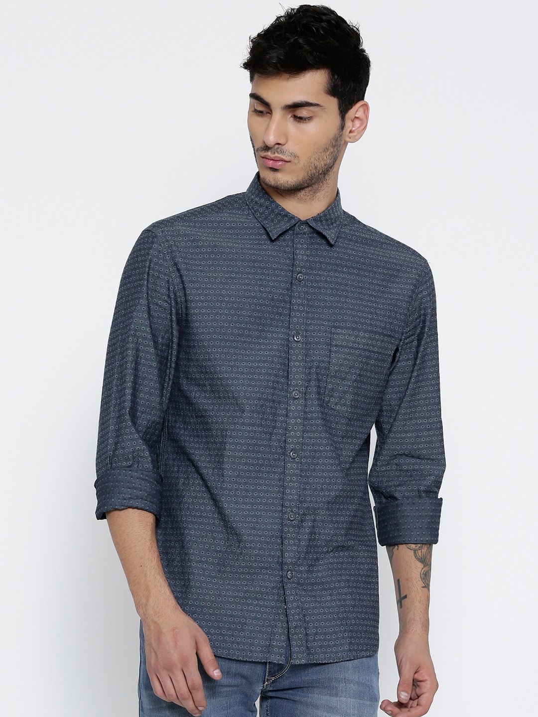 

John Players Men Blue Trm Fit Woven Design Casual Shirt
