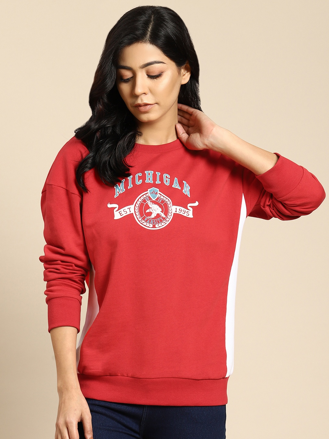 

COVER STORY Women Red Typography Printed Sweatshirt