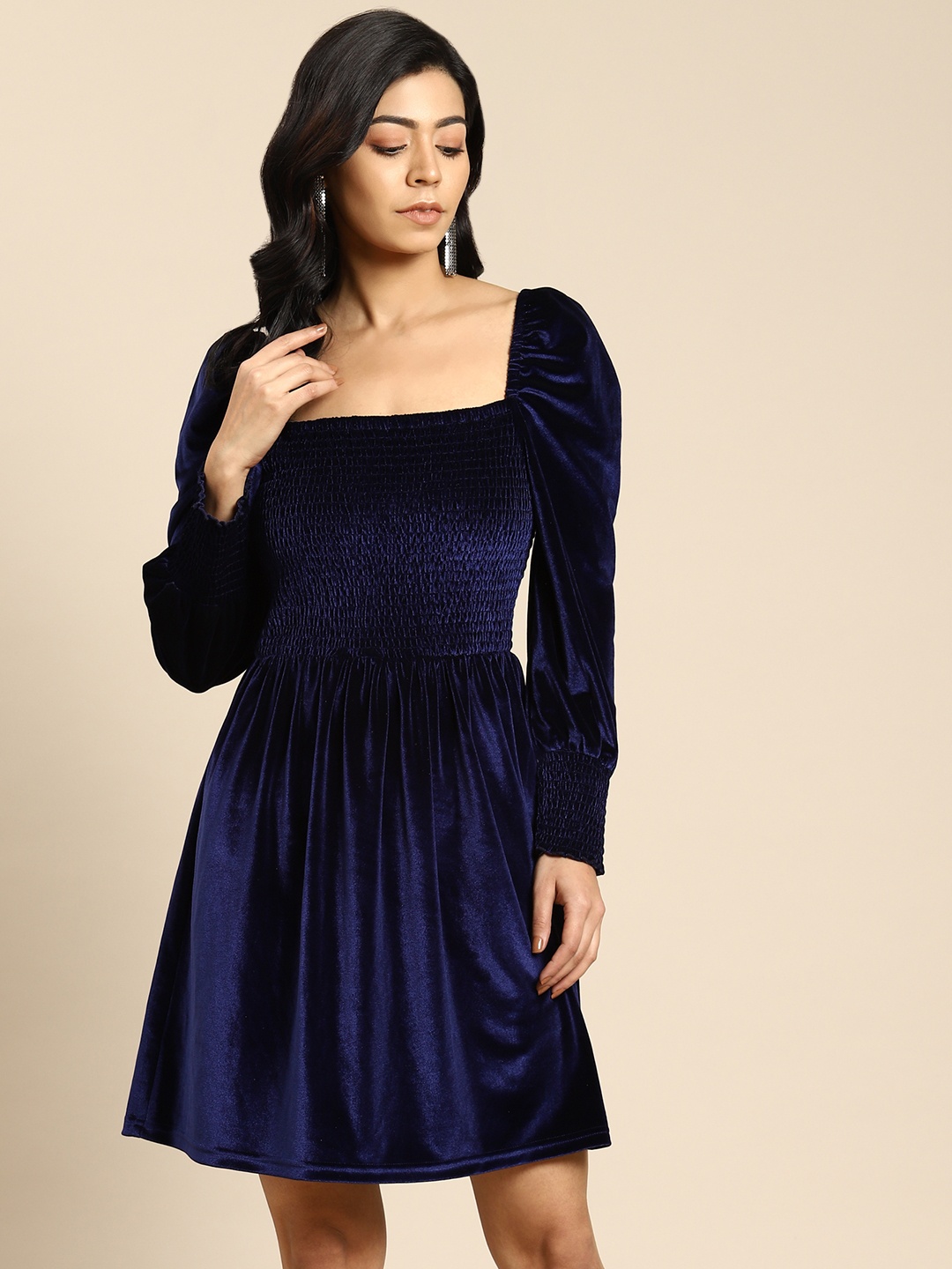 

COVER STORY Navy Blue Velvet Finish Fit & Flare Puff Sleeves Dress