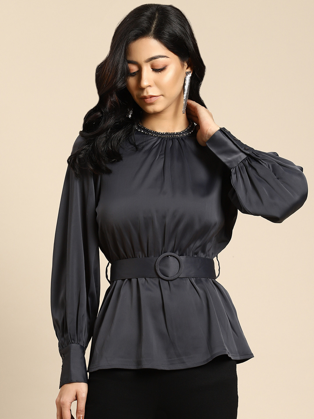 

COVER STORY Grey Cinched Waist Belted Top