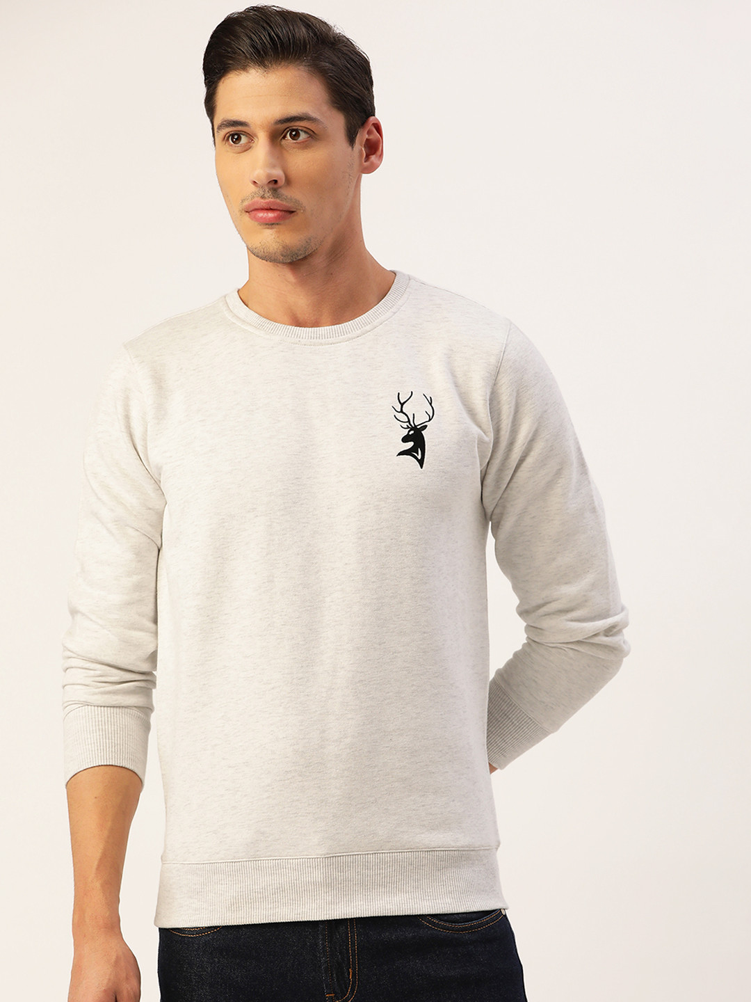 

PORTBLAIR Men Grey Brand Logo Round Neck Cotton Brushed Fleece Sweatshirt