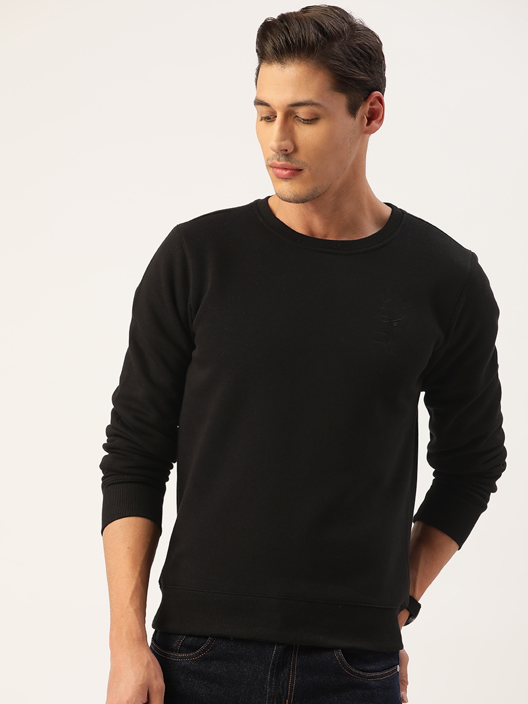 

PORTBLAIR Men Black Brand Logo Round Neck Cotton Brushed Fleece Sweatshirt