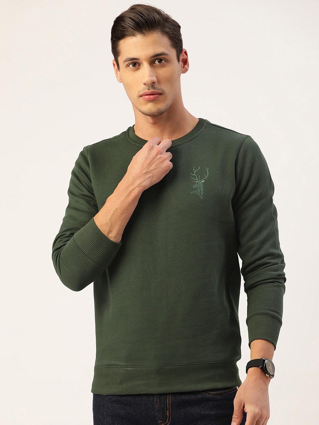 

PORTBLAIR Men Green Brand Logo Round Neck Cotton Brushed Fleece Sweatshirt