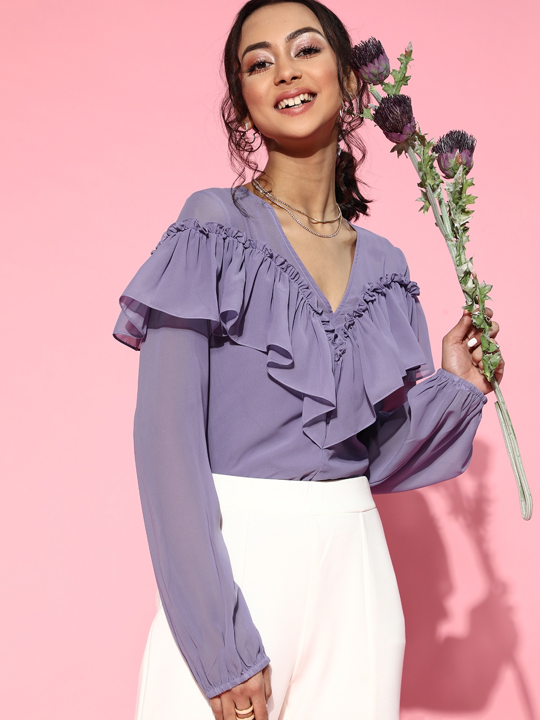 

Athena Women Elegant Lavender Solid Ruffled Top