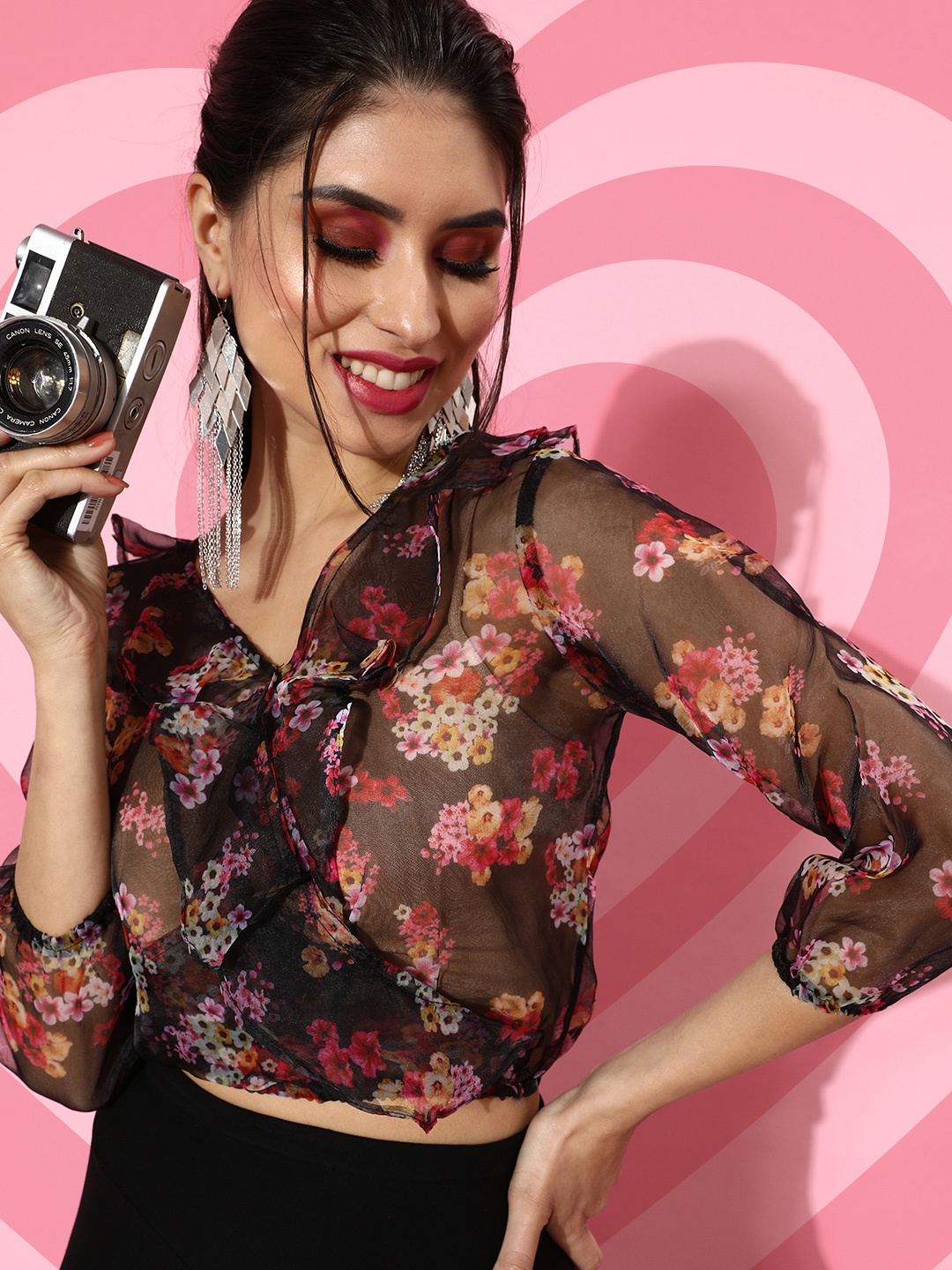 

SCORPIUS Women Black Floral Ruffled Top