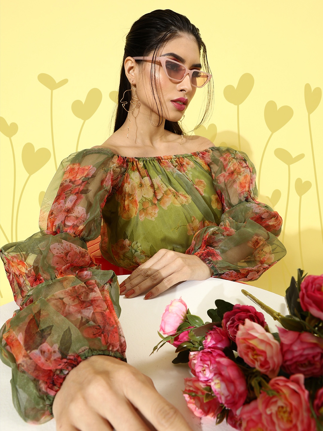 

SCORPIUS Women Lovely Olive Floral Bardot Top