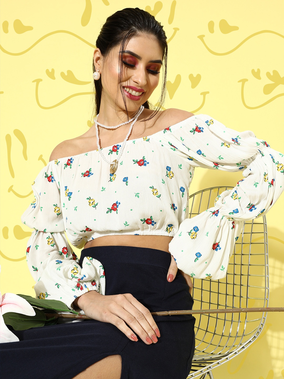 

SCORPIUS Women Classic White Floral Bardot Top