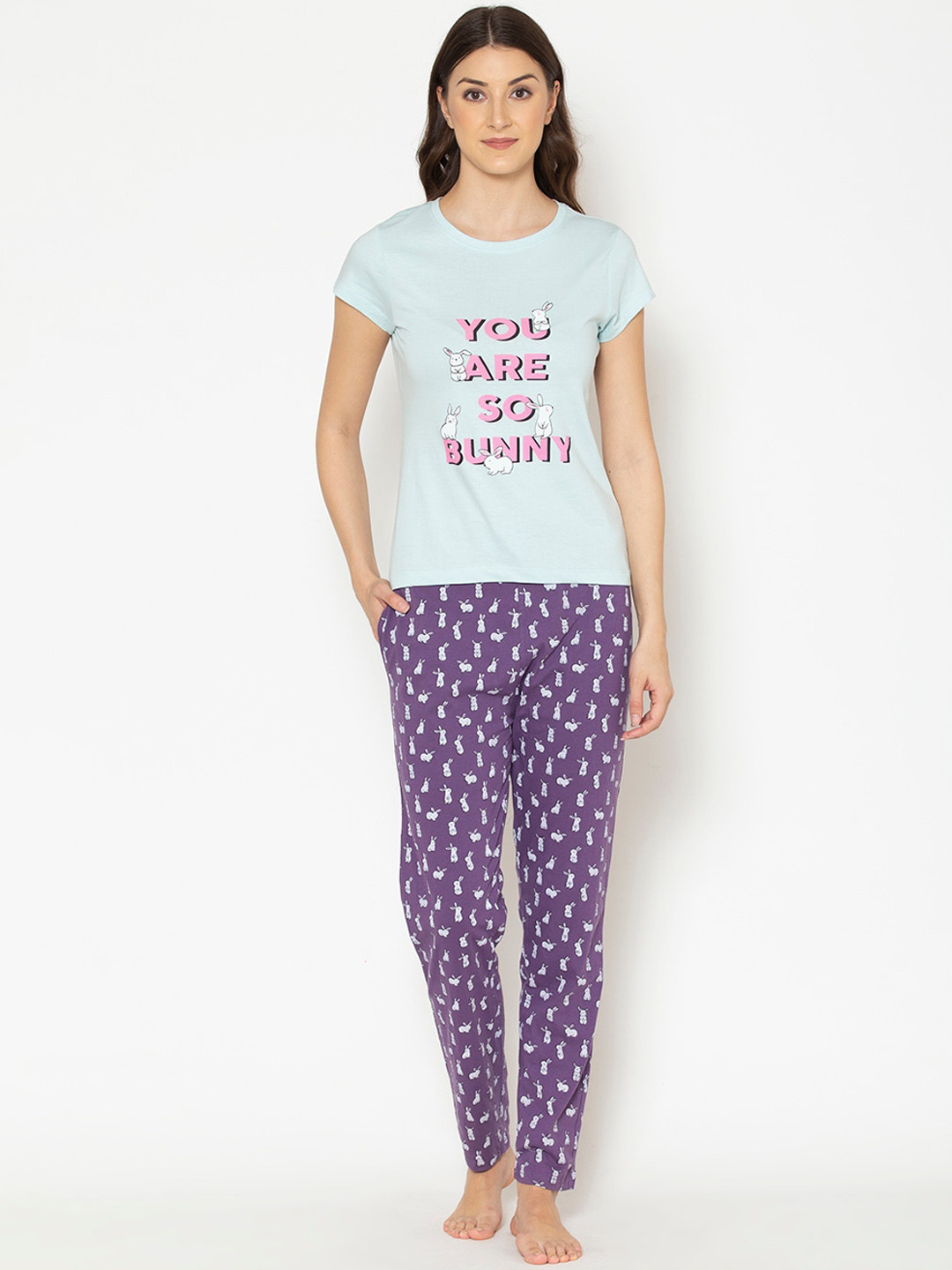 

Lounge Dreams Women Blue & Violet Pure Cotton Printed Night suit