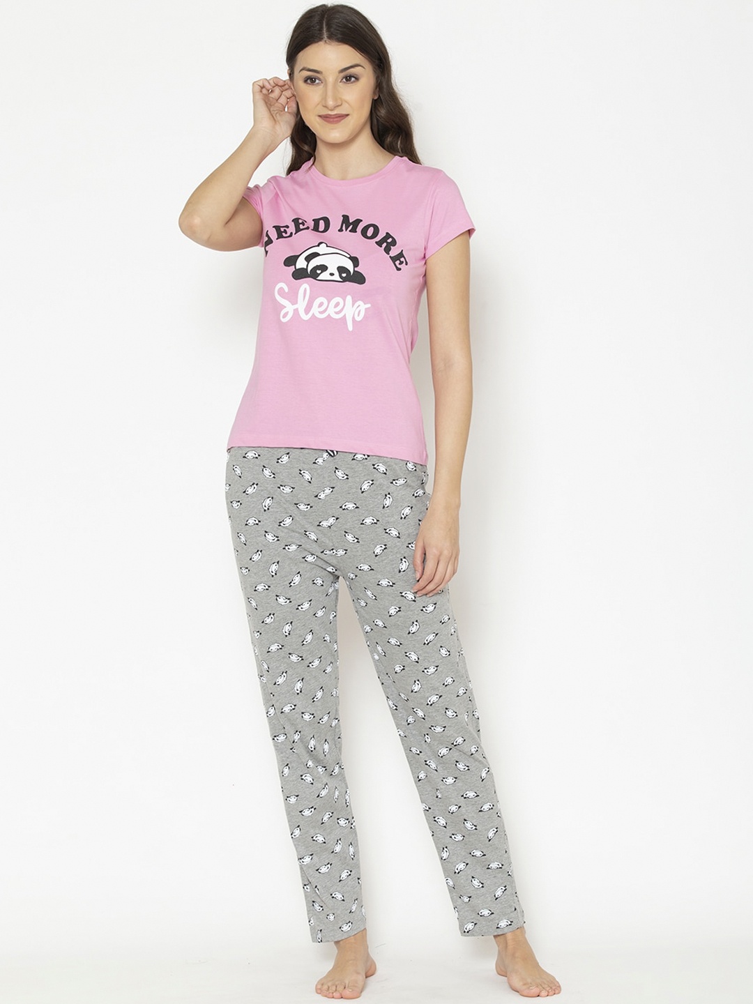 

Lounge Dreams Women Pink & Grey Printed Night suit