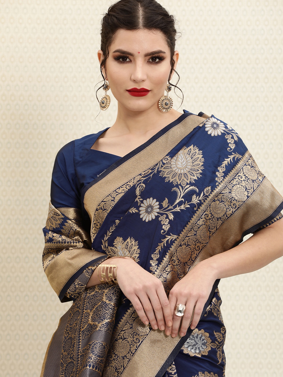 

House of Pataudi Navy Blue & Golden Ethnic Woven Design Zari Jashn Banarasi Saree