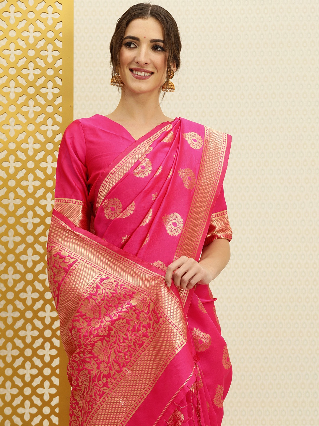 

House of Pataudi Pink & Gold-Toned Ethnic Motifs Zari Banarasi Saree