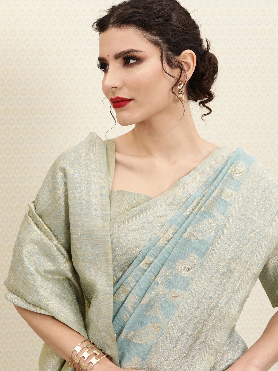 

House of Pataudi Blue & Golden Ethnic Woven Design Jashn Saree