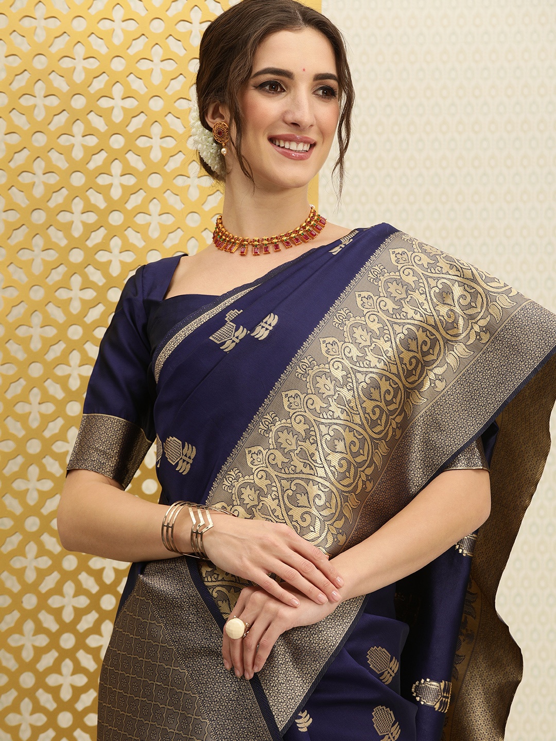 

House of Pataudi Navy Blue & Gold-Toned Ethnic Motifs Zari Banarasi Saree