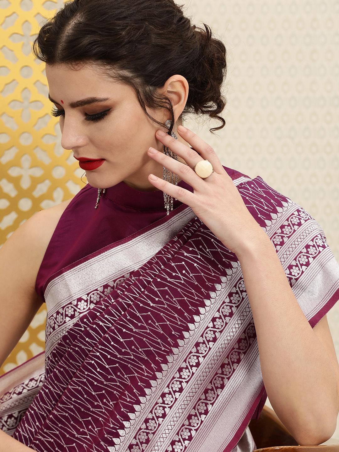 

House of Pataudi Burgundy & Silver Woven Design Jashn Banarasi Saree