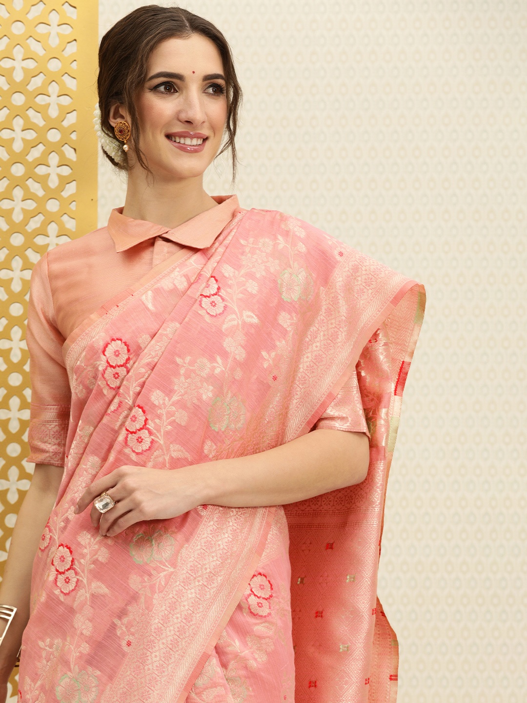 

House of Pataudi Pink & Gold-Toned Floral Jaal Woven Zari Saree