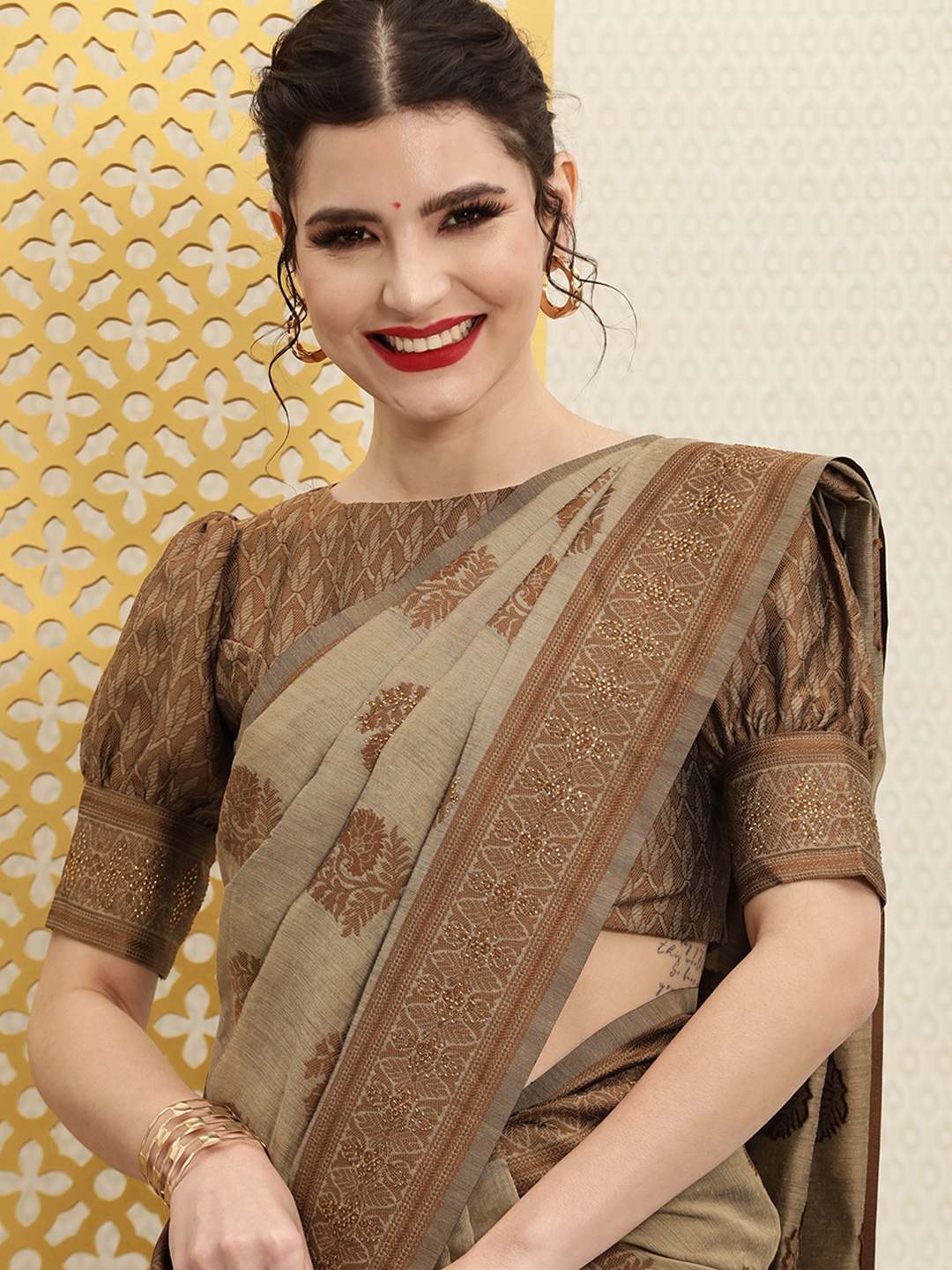 

House of Pataudi Taupe & Brown Ethnic Woven Design Beads and Stones Detail Rozana Saree