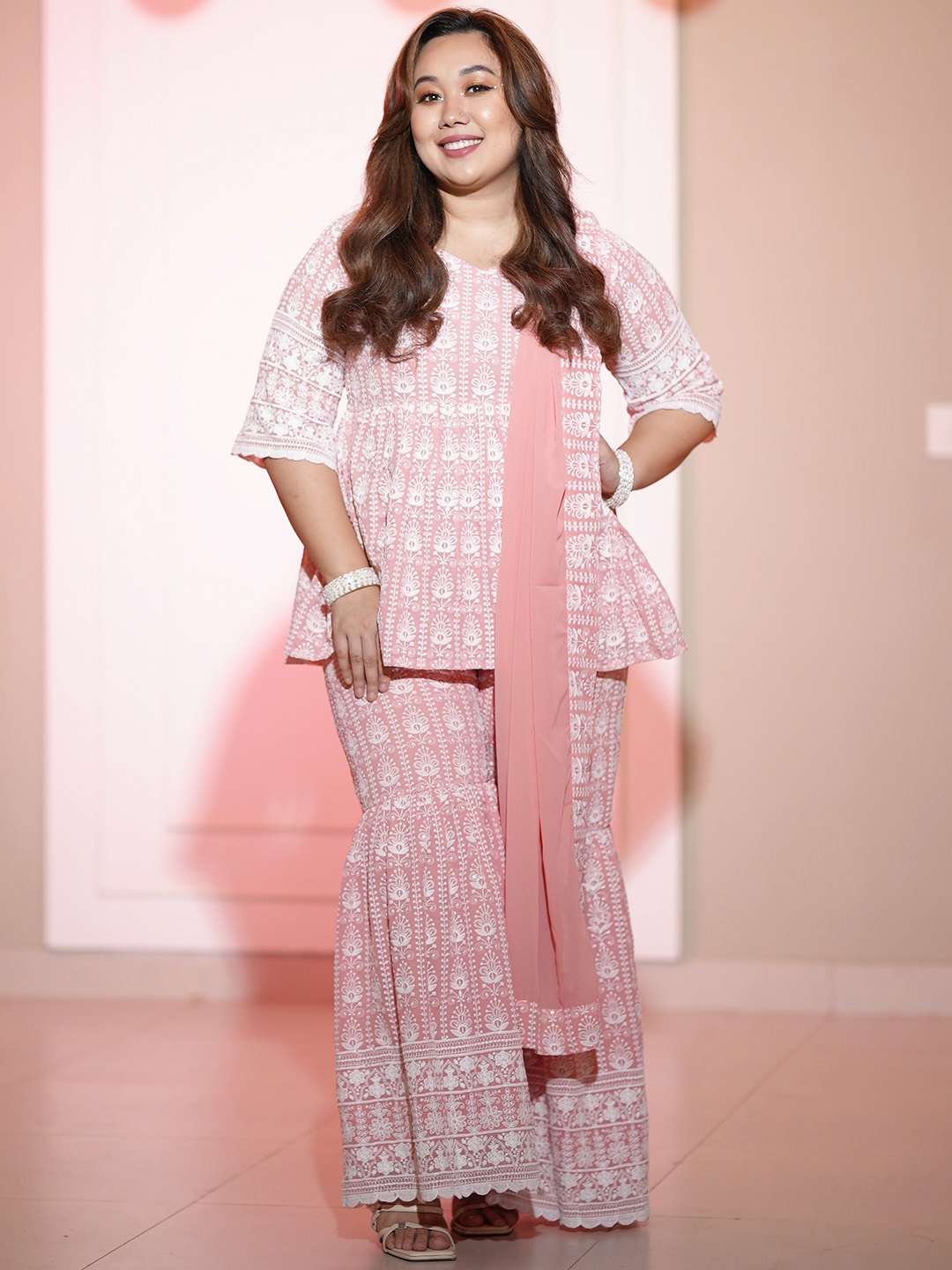 

Libas Floral Poly-Georgette Short Kurti & Sharara with Potli Bag, Pink