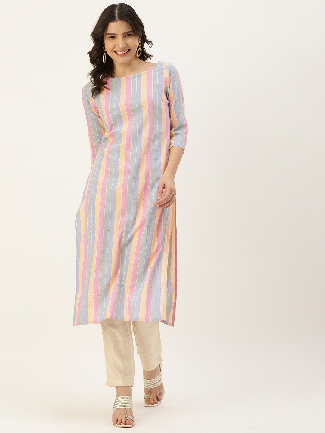 Saanjh Multicolor Striped Cotton Blend Straight Kurti, Multi