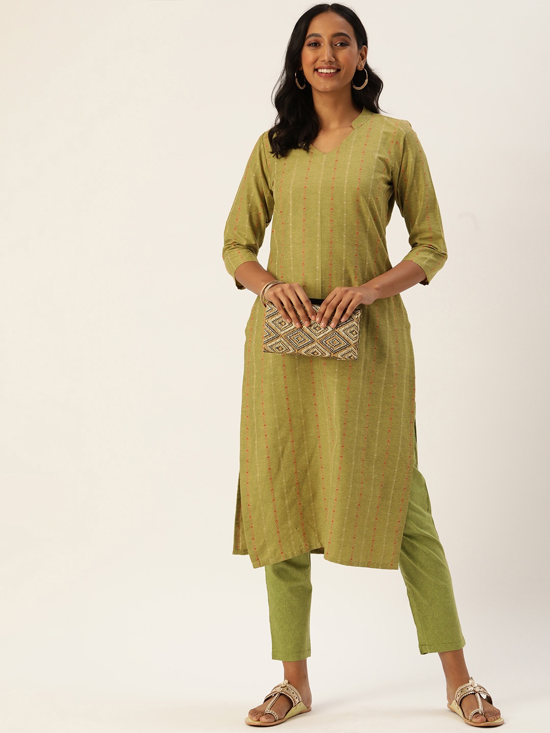 

Saanjh Women Olive Green Cotton Blend Woven Designed Straight Kurti with Trousers