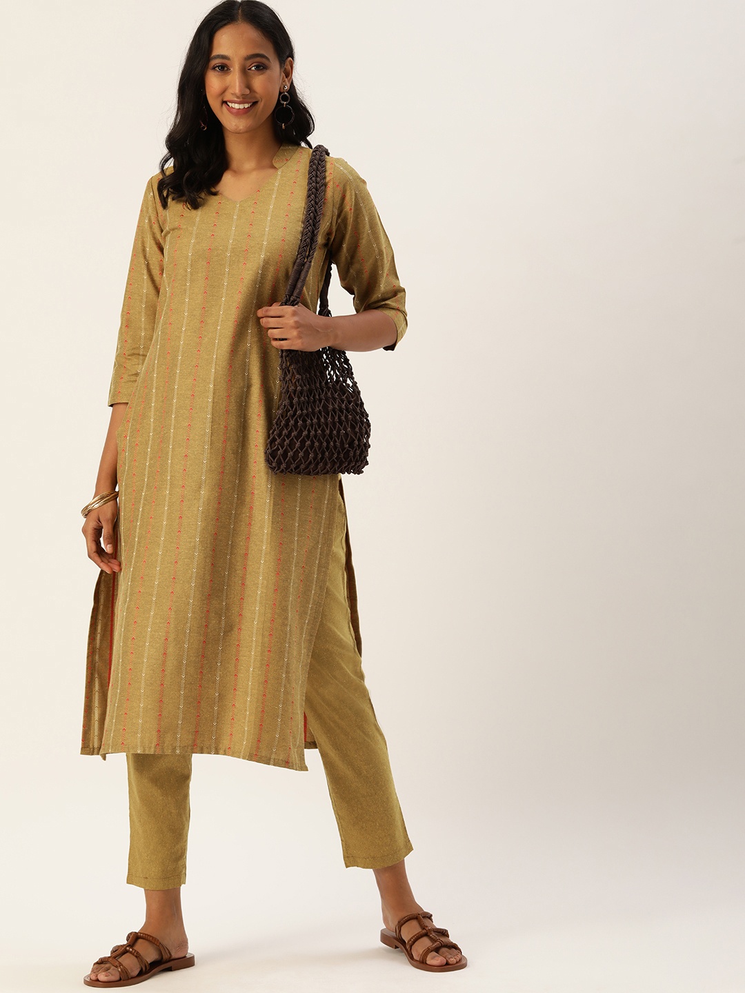 

Saanjh Women Yellow Cotton Blend Woven Designed Straight Kurti with Trousers