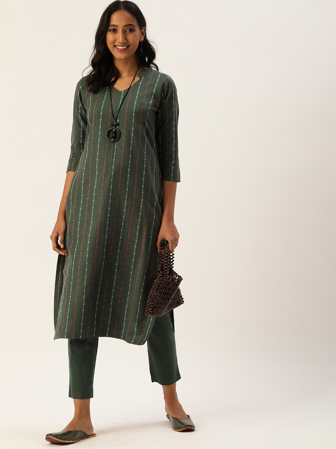 

Saanjh Women Green Cotton Blend Woven Designed Straight Kurti with Trousers