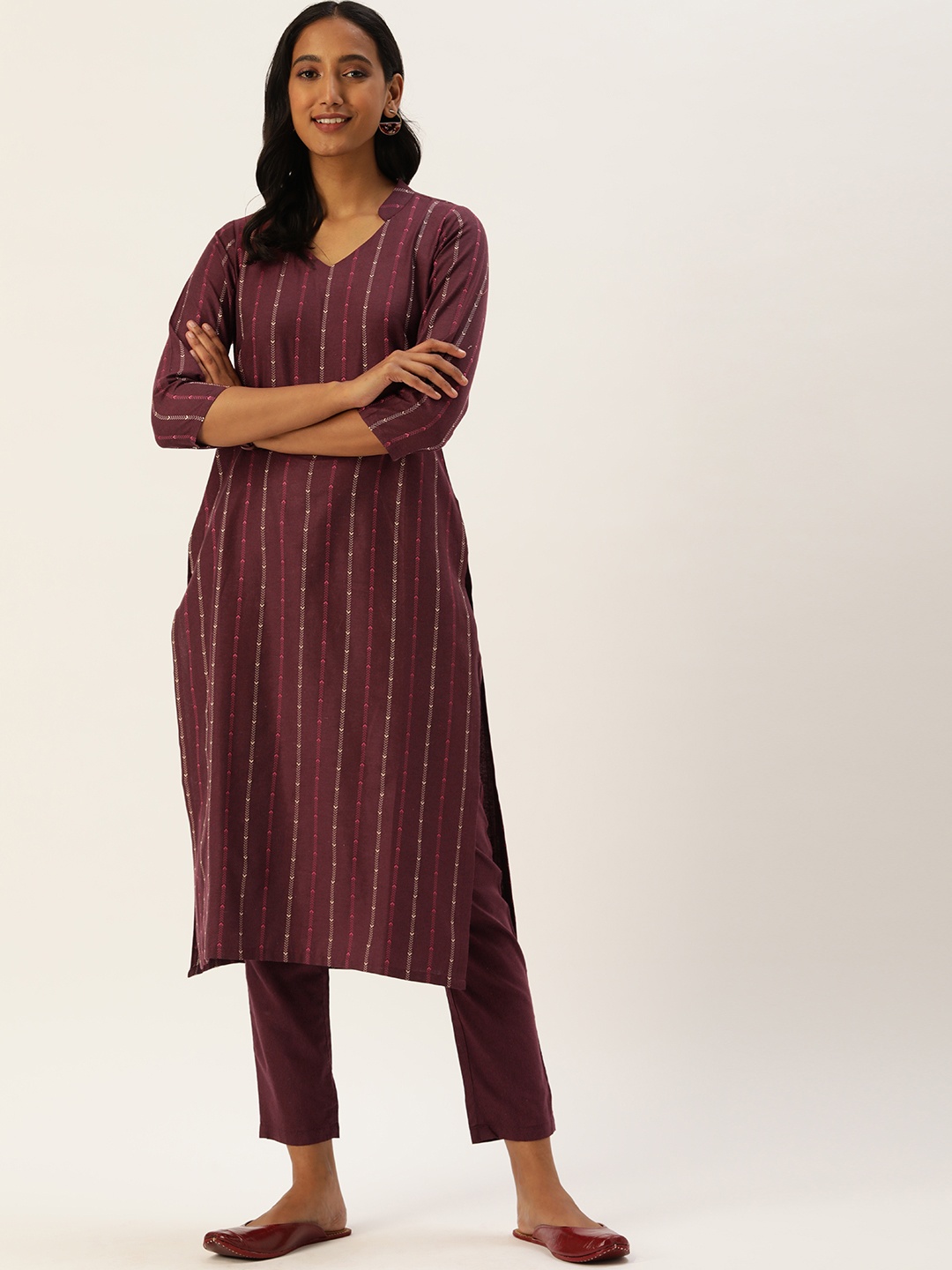 

Saanjh Women Maroon Cotton Blend Woven Designed Straight Kurti with Trousers