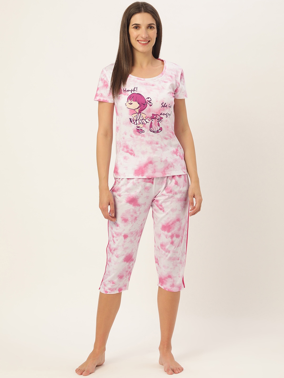 

GALYPSO Women Pink & White Printed Night suit