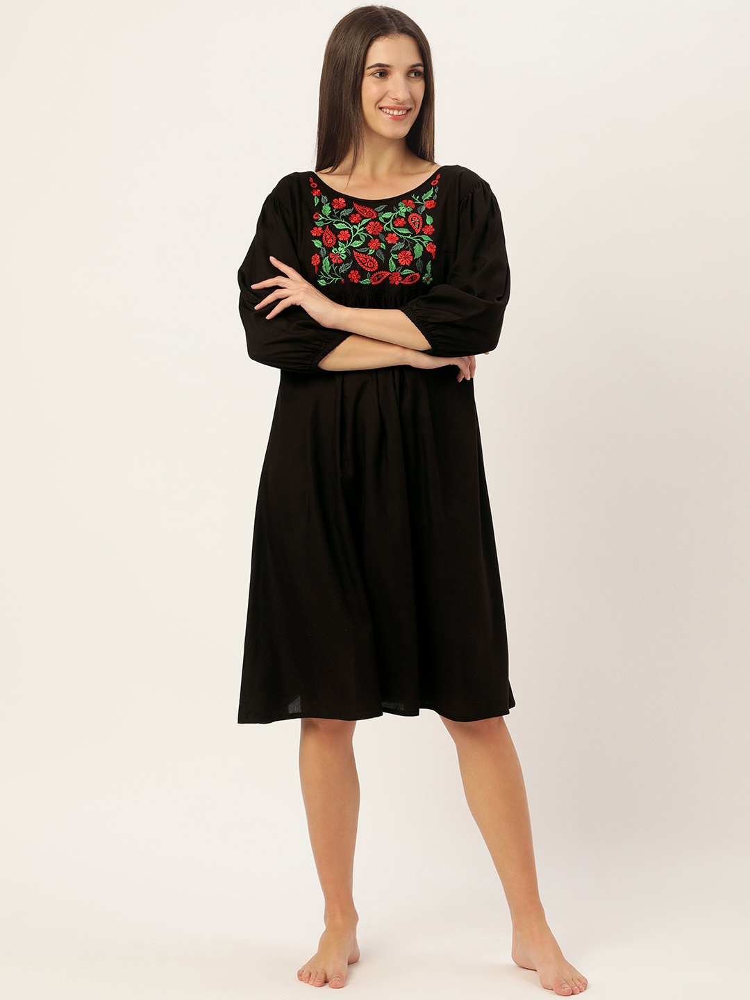 

GALYPSO Black Embroidered Nightdress with Puff Sleeves
