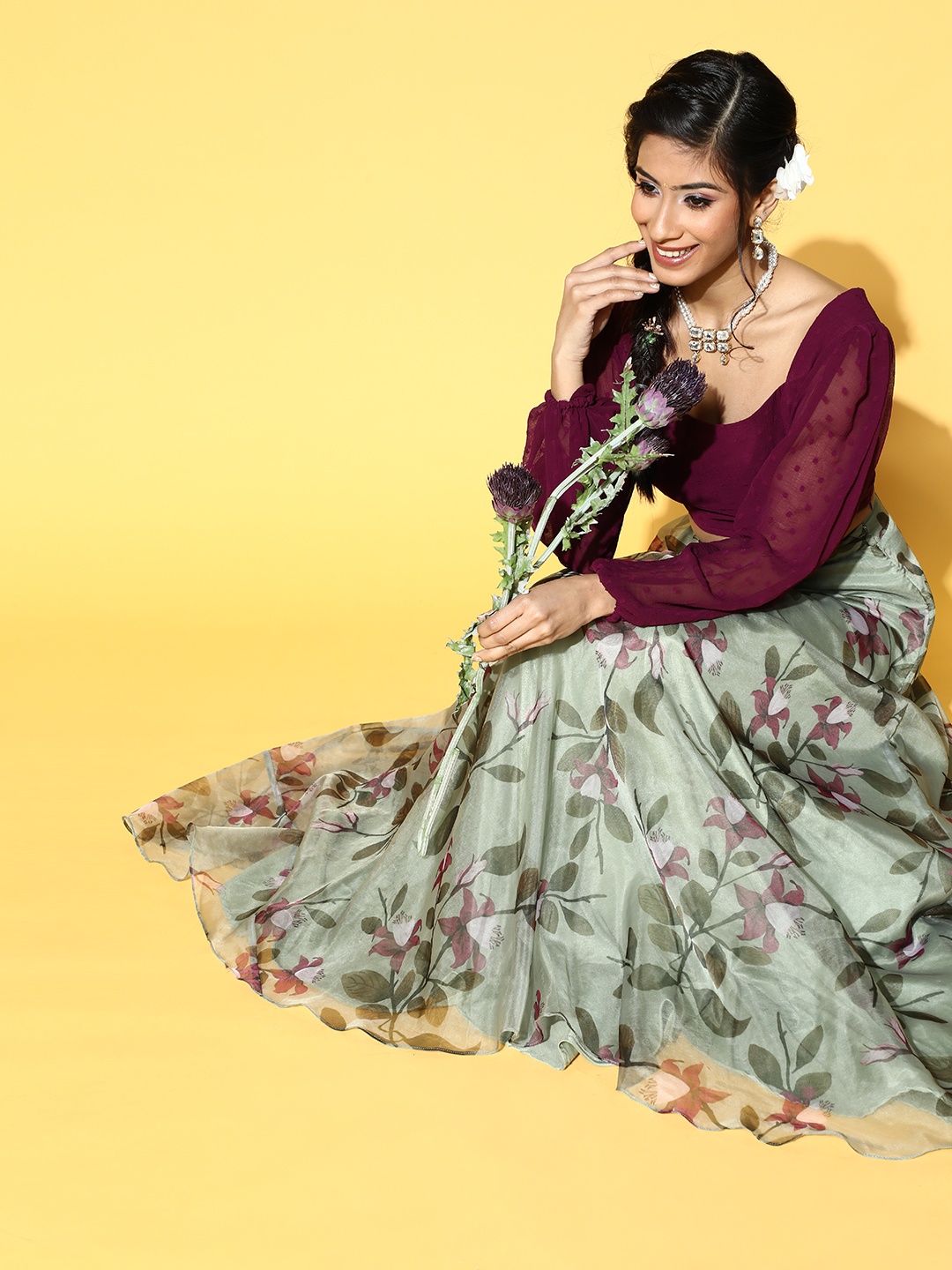 

Inddus Women Gorgeous Green Self-Design Top with Printed Skirt