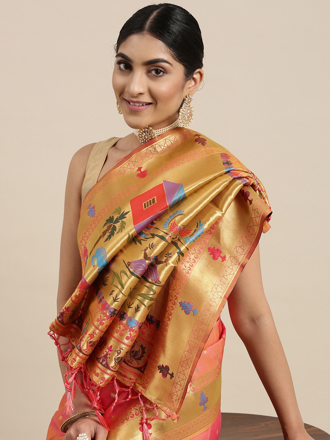 

Mitera Peach-Coloured & Golden Ethnic Woven Design Zari Paithani Silk Saree
