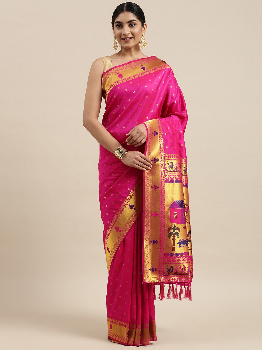 

Mitera Pink & Golden Ethnic Woven Design Zari Paithani Silk Saree