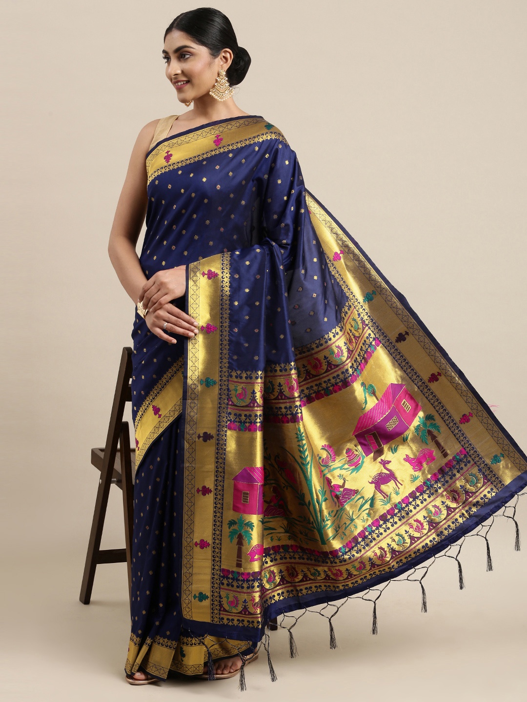 

Mitera Navy Blue & Golden Ethnic Woven Design Zari Paithani Silk Saree