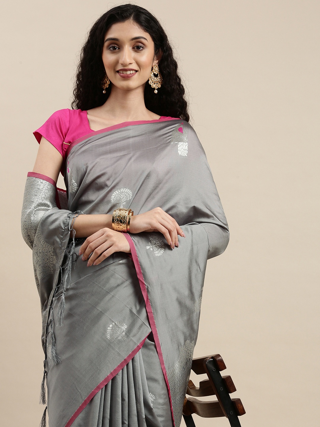 

Mitera Grey & Silver-Toned Woven Design Zari Lichi Silk Blend Banarasi Saree