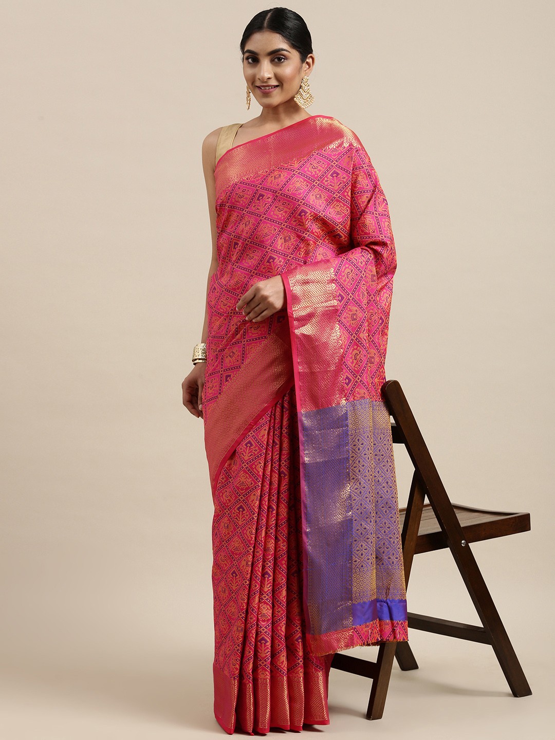 

Mitera Pink & Blue Woven Design Zari Patola SilkSaree