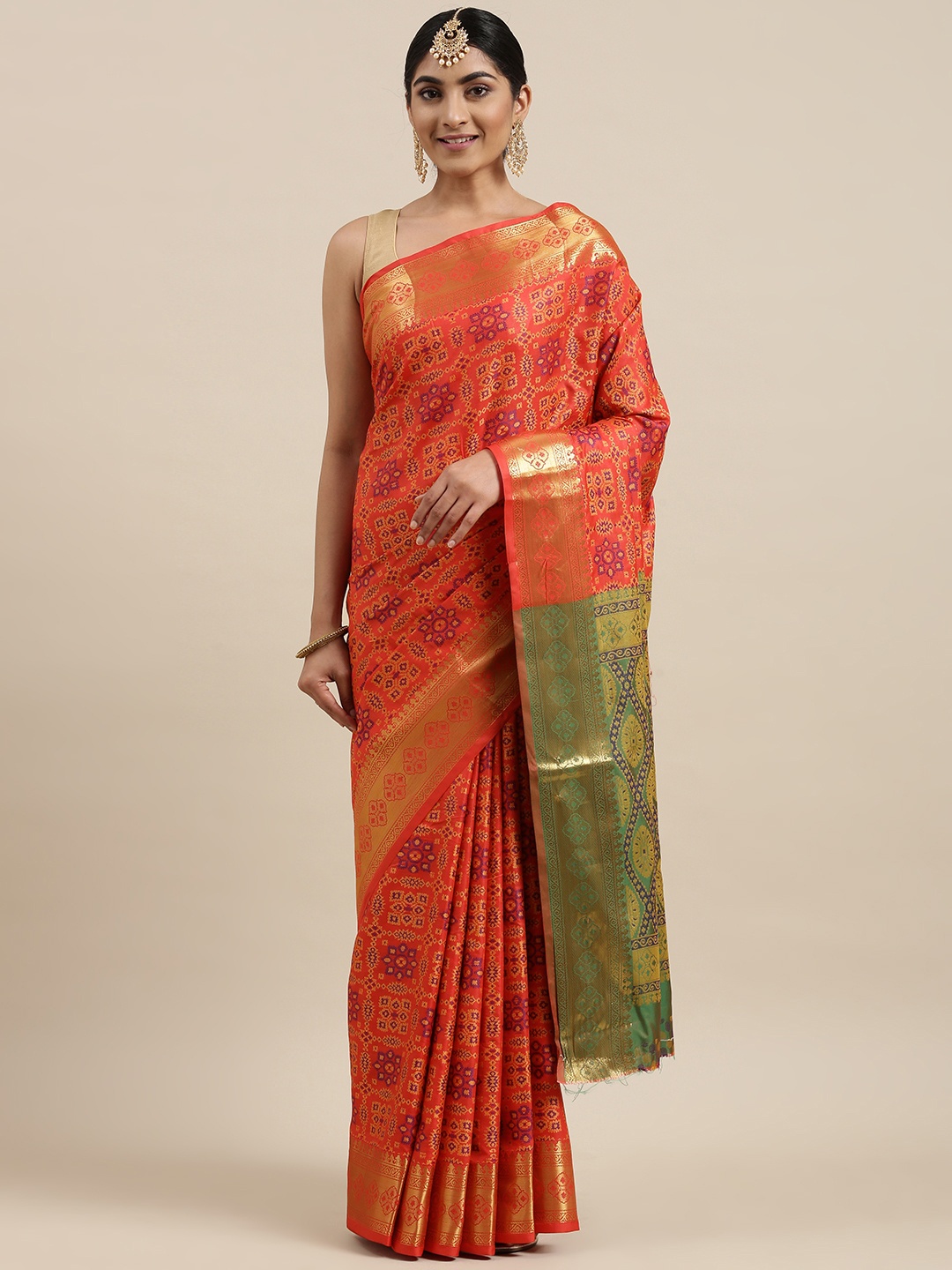 

Mitera Red & Gold-Toned Zari Silk Blend Patola Saree