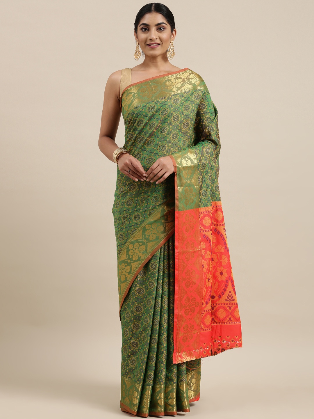 

Mitera Olive Green & Golden Ethnic Woven Design Zari Patola SilkSaree