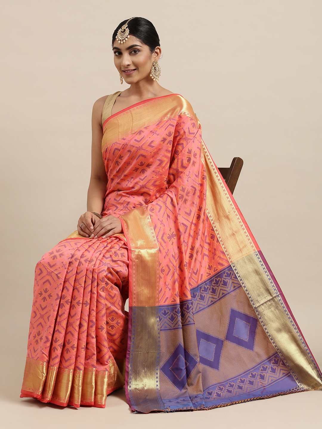 

Mitera Pink & Purple Zari Silk Blend Patola Saree