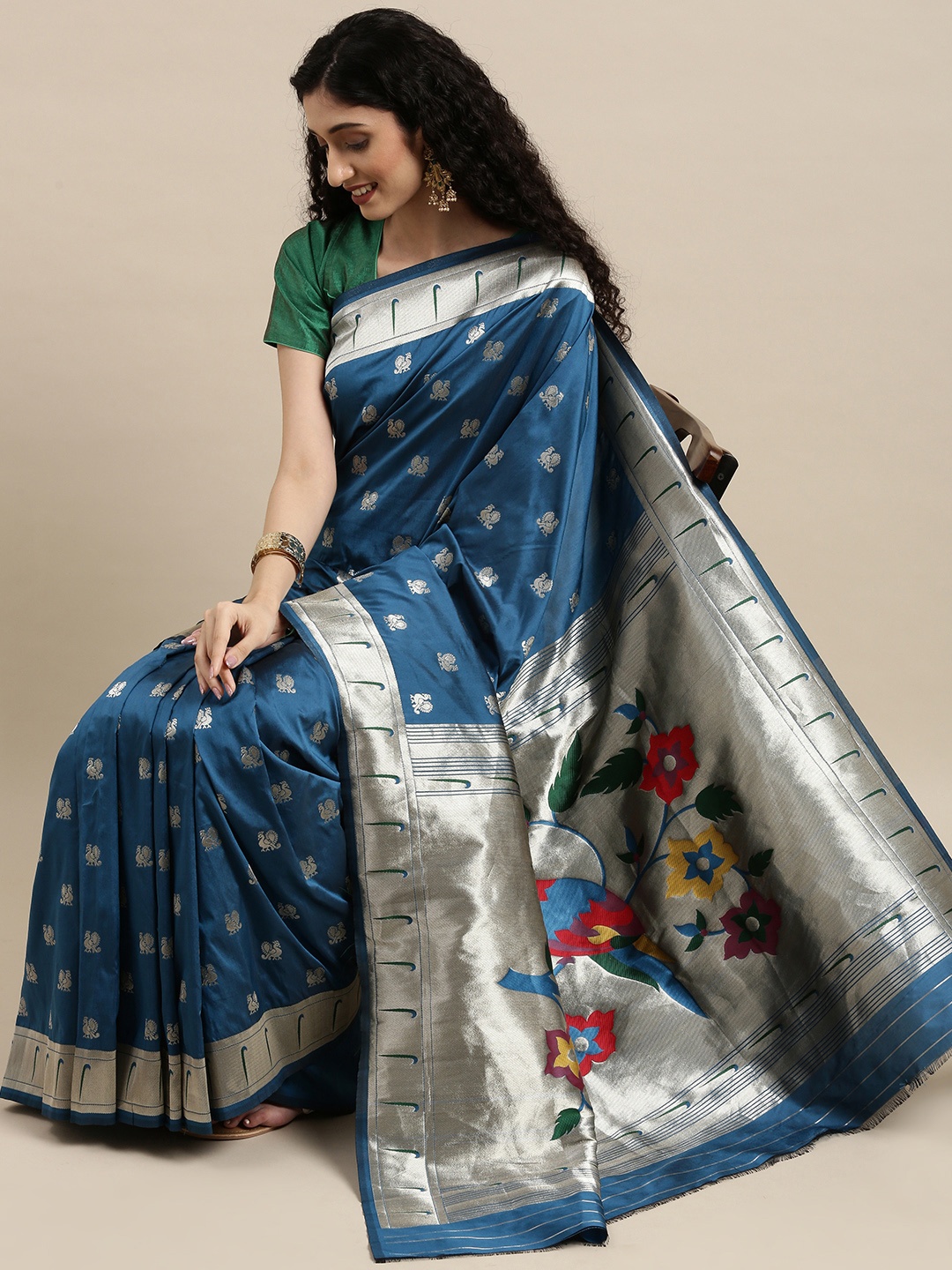 

Mitera Blue & Silver-Toned Woven Design Zari Silk Blend Paithani Saree