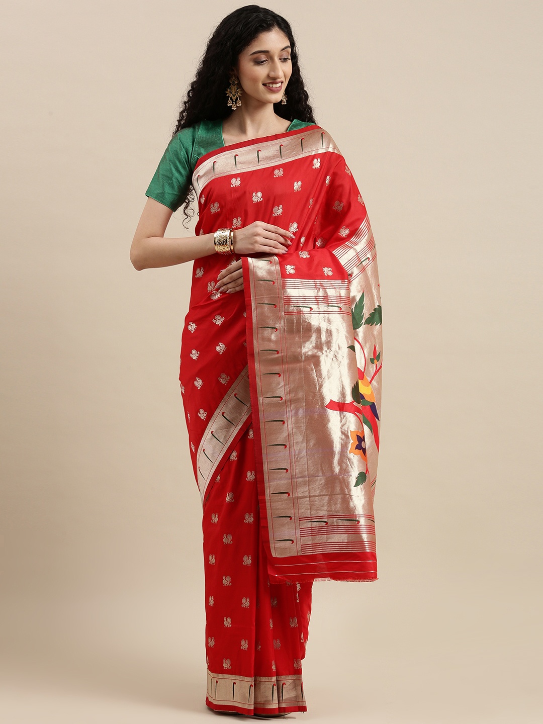 

Mitera Red & Silver-Toned Woven Design Zari Silk Blend Paithani Saree