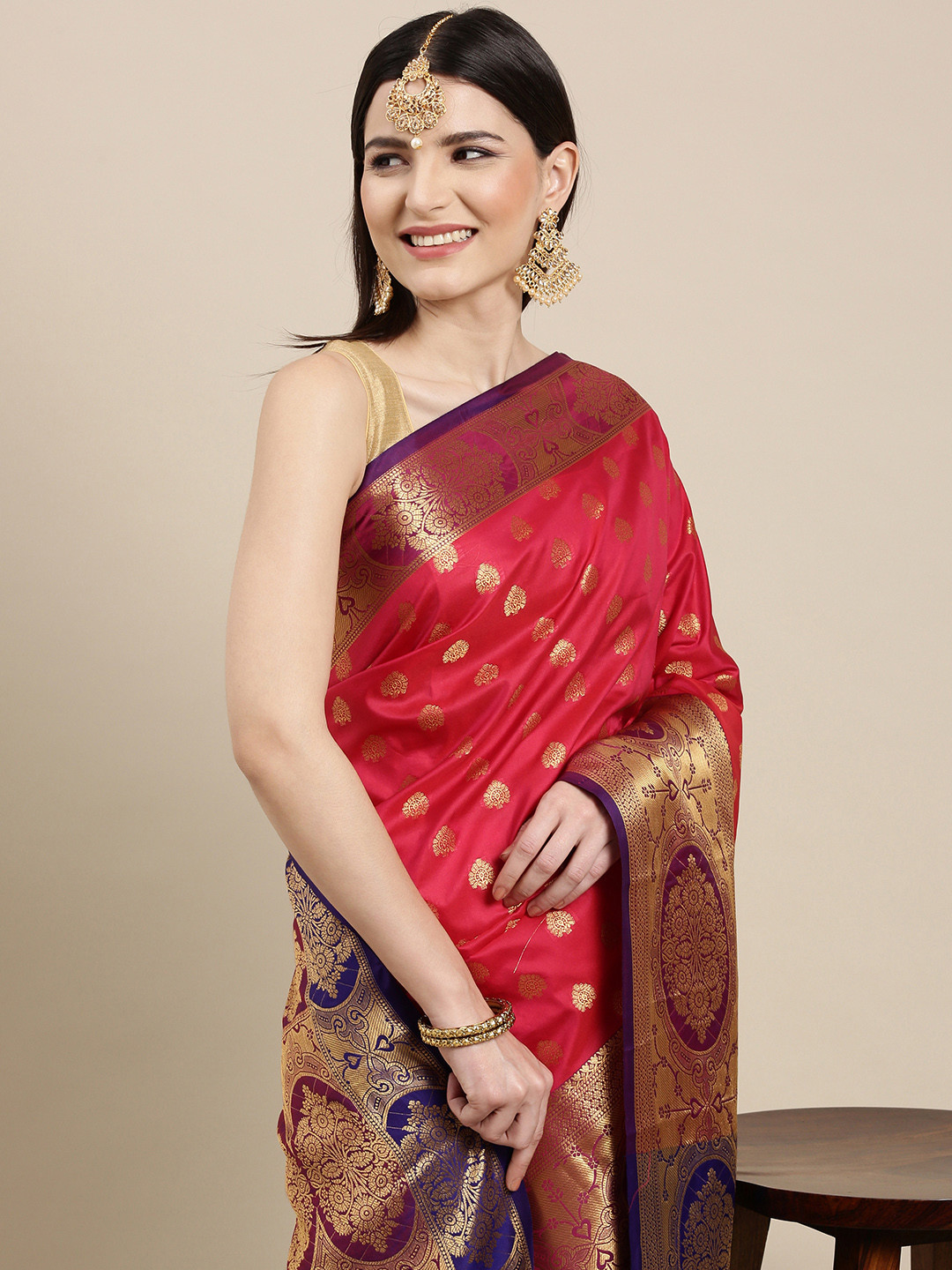 

Mitera Red & Golden Ethnic Motifs Banarasi Saree with Zari Border