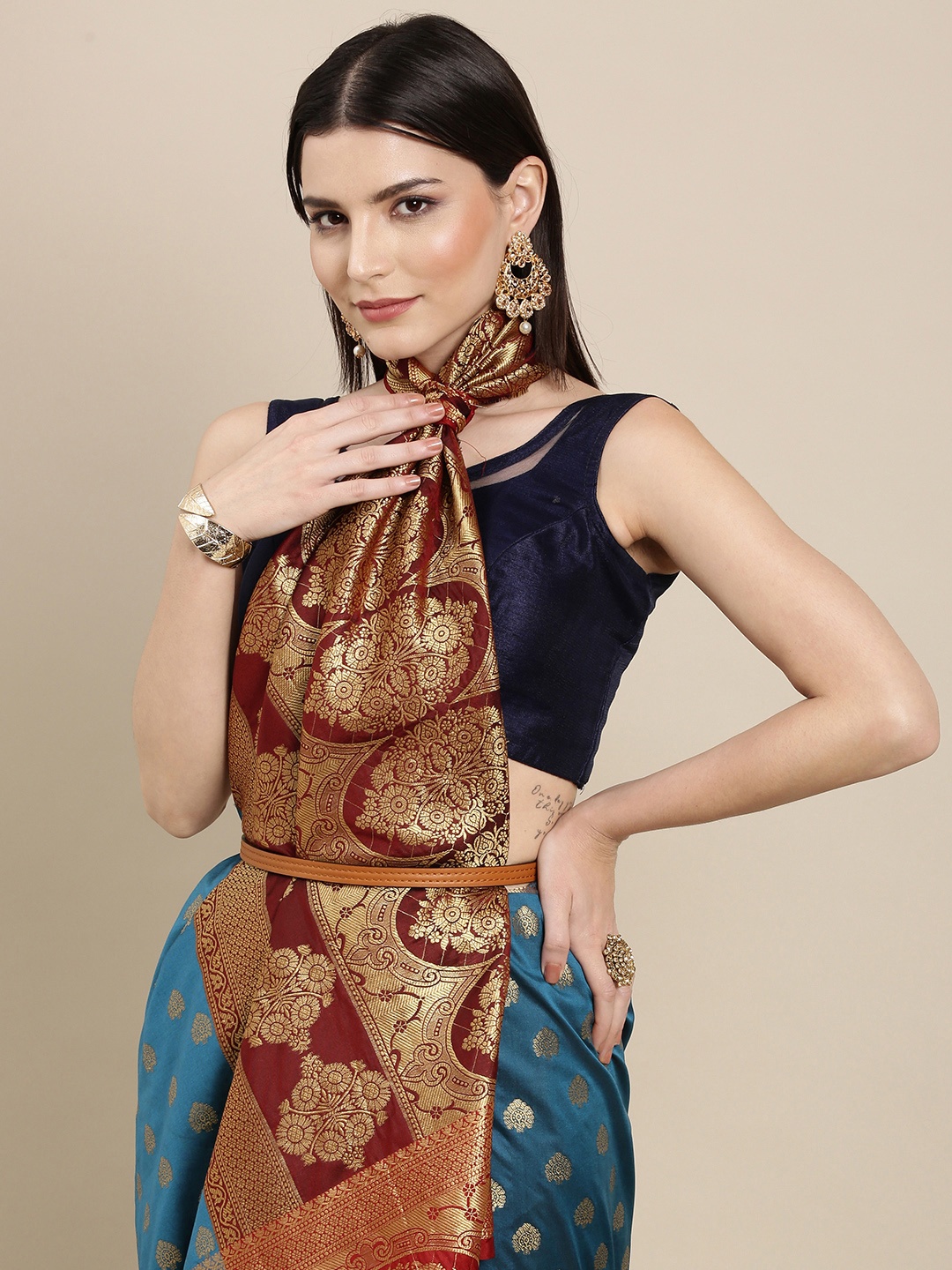 

Mitera Teal Blue & Golden Ethnic Motifs Banarasi Saree with Zari Border