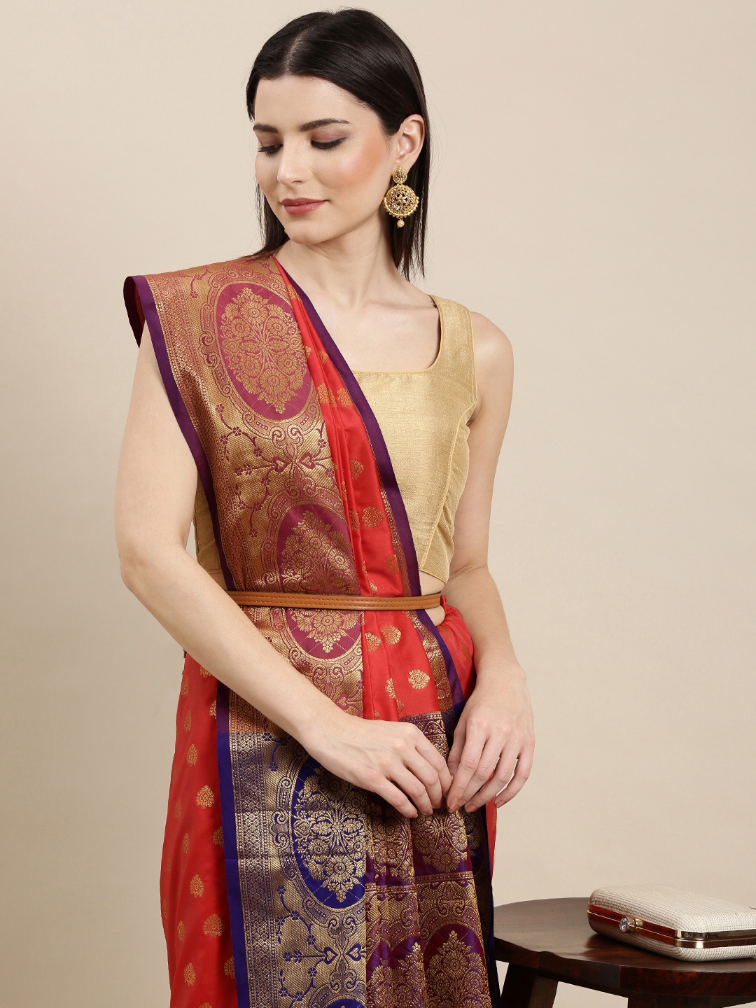 

Mitera Red & Golden Ethnic Motifs Banarasi Saree with Zari Border