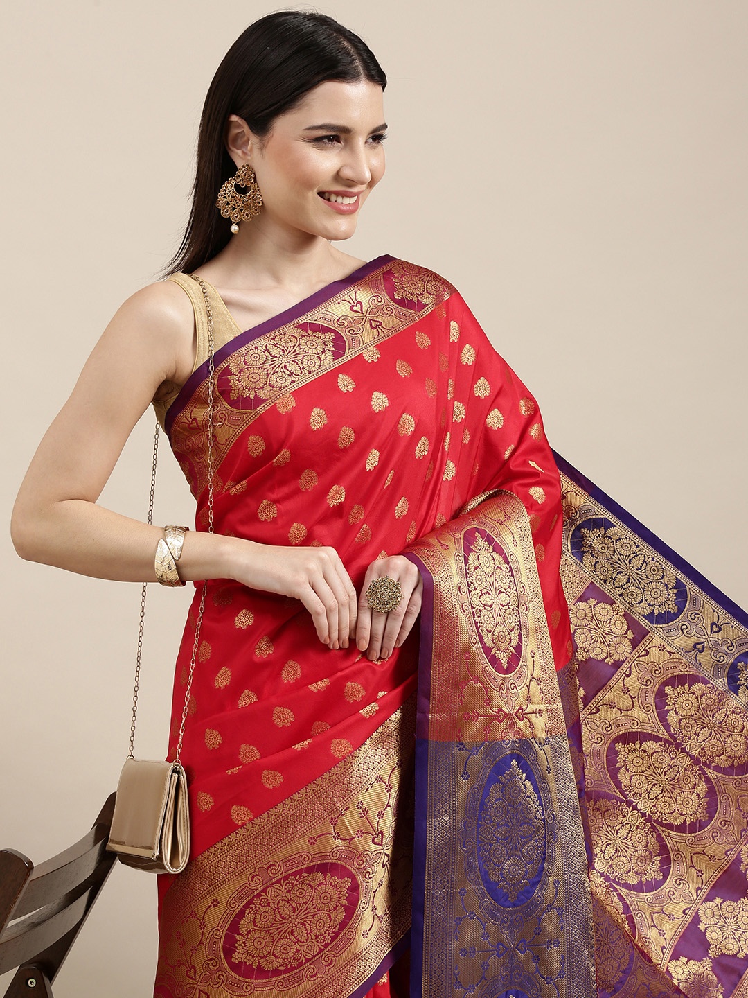 

Mitera Red & Golden Ethnic Motifs Banarasi Saree with Zari Border