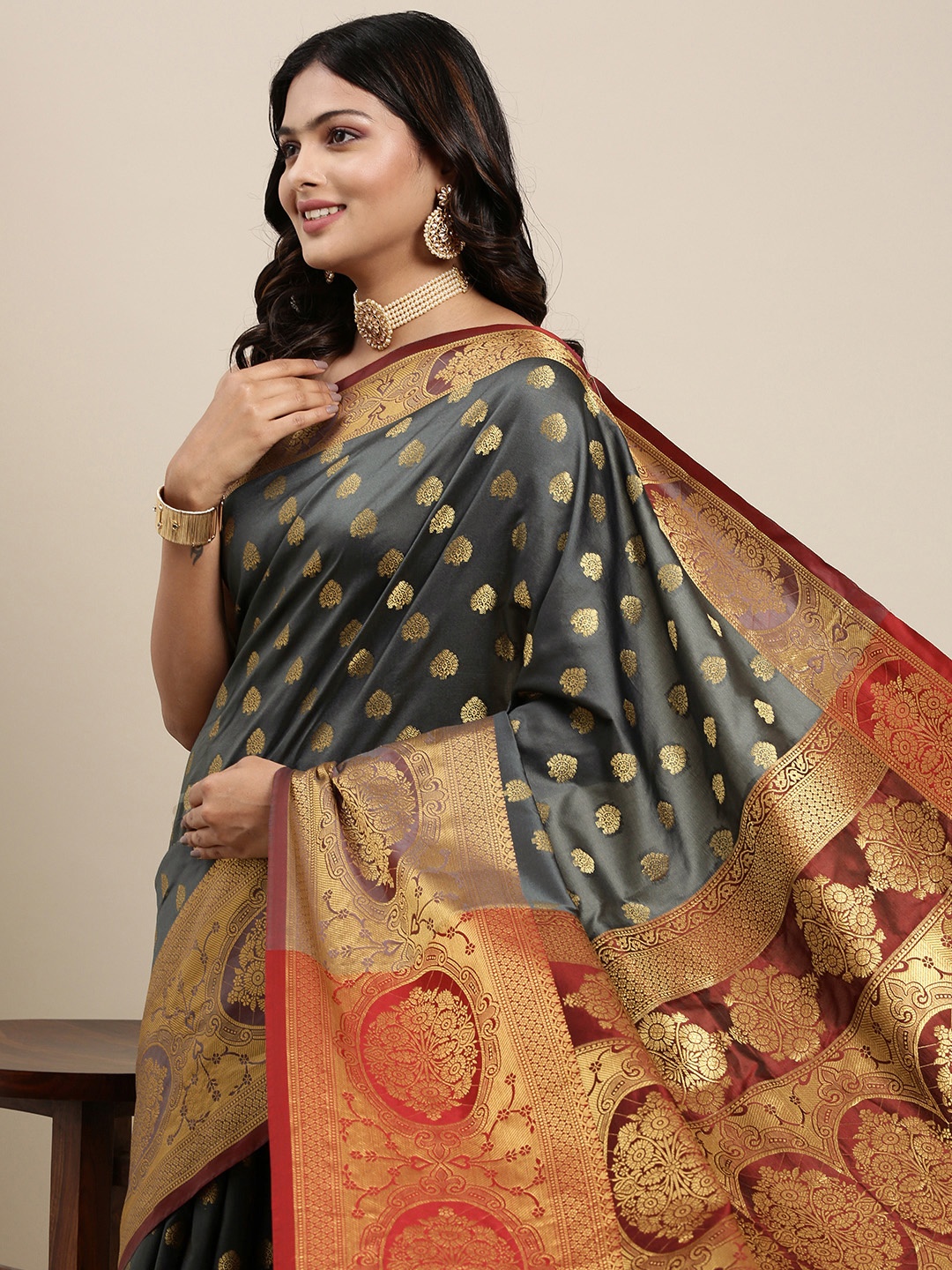 

Mitera Charcoal Grey & Golden Ethnic Motifs Banarasi Saree with Zari Border