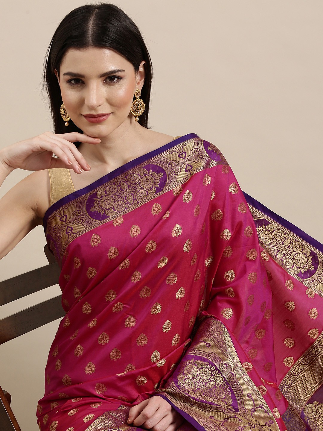 

Mitera Pink & Golden Ethnic Motifs Banarasi Saree with Zari Border