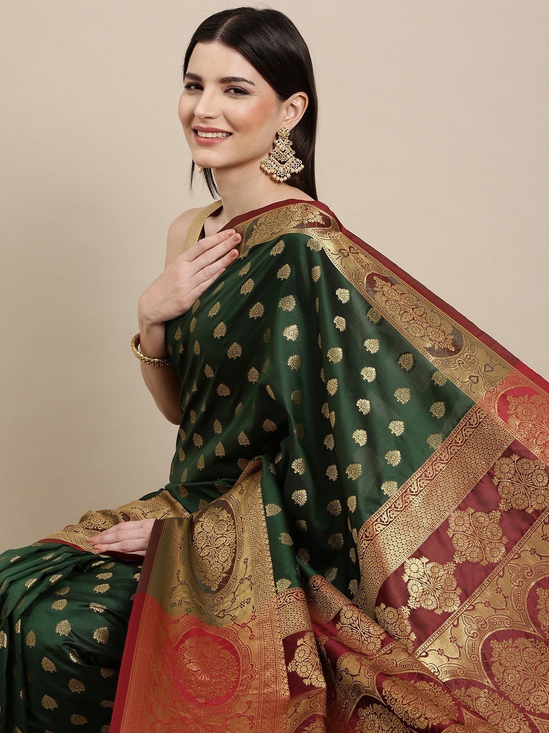 

Mitera Green & Golden Ethnic Motifs Banarasi Saree with Zari Border