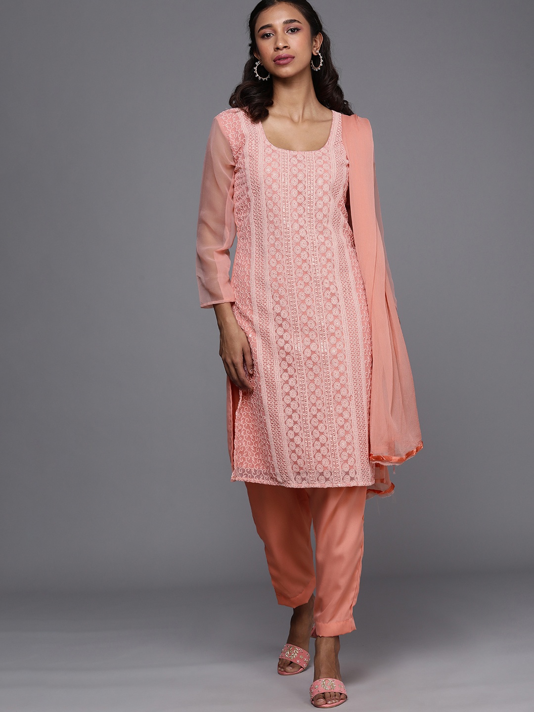 

Mitera Peach-Coloured Chikankari Embroidered Unstitched Dress Material