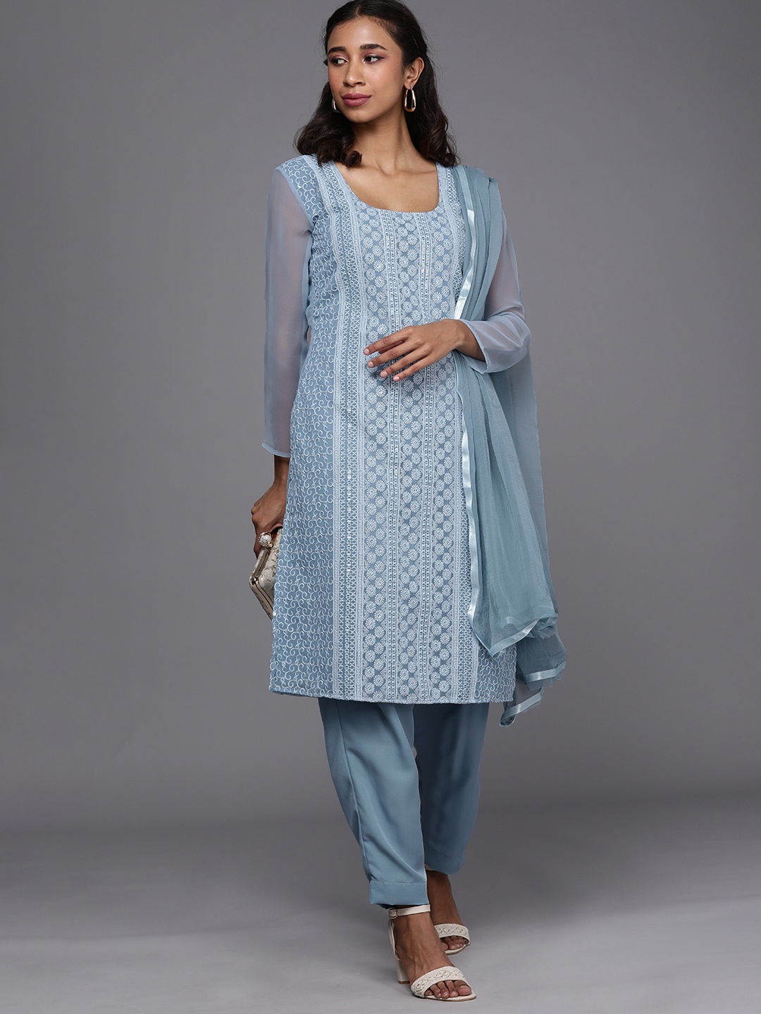 

Mitera Blue Chikankari Embroidered Unstitched Dress Material