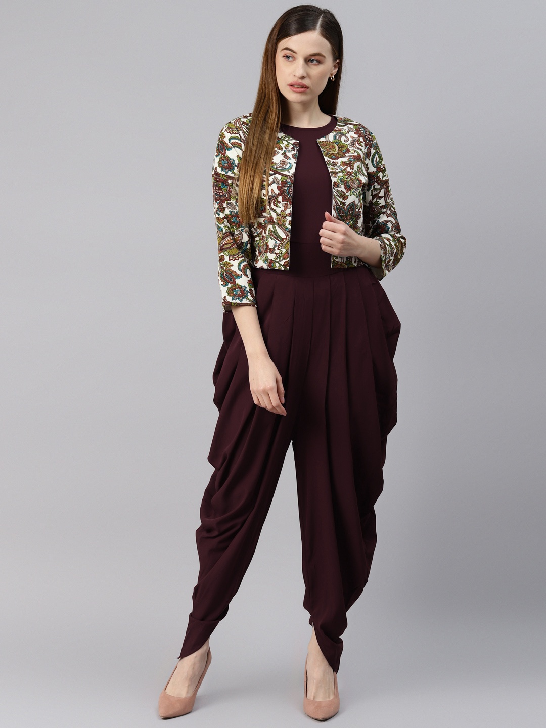 

Cottinfab Brown Solid Dhoti Style Jumpsuit With Jacket