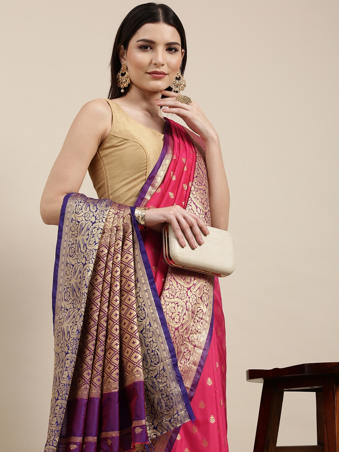 

Mitera Pink & Golden Ethnic Motifs Banarasi Saree with Zari Border